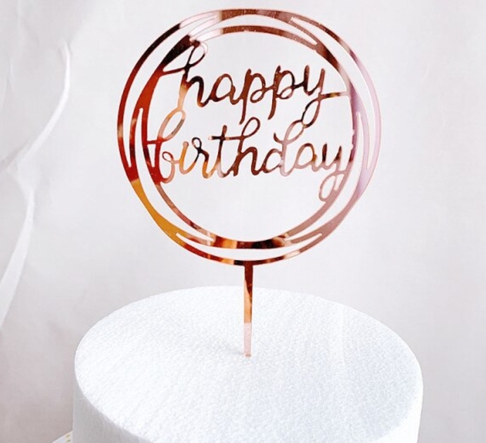 Topper En Acrylique Happy Birthday Avec Spirale Or Ros O Sugarart